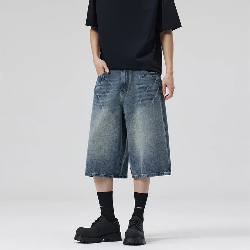 2025 Summer American Lightning Crack Black Grey Jeans Men's Straight Tube Loose Wide Leg Shorts Y2k Street Hip Hop Sevens