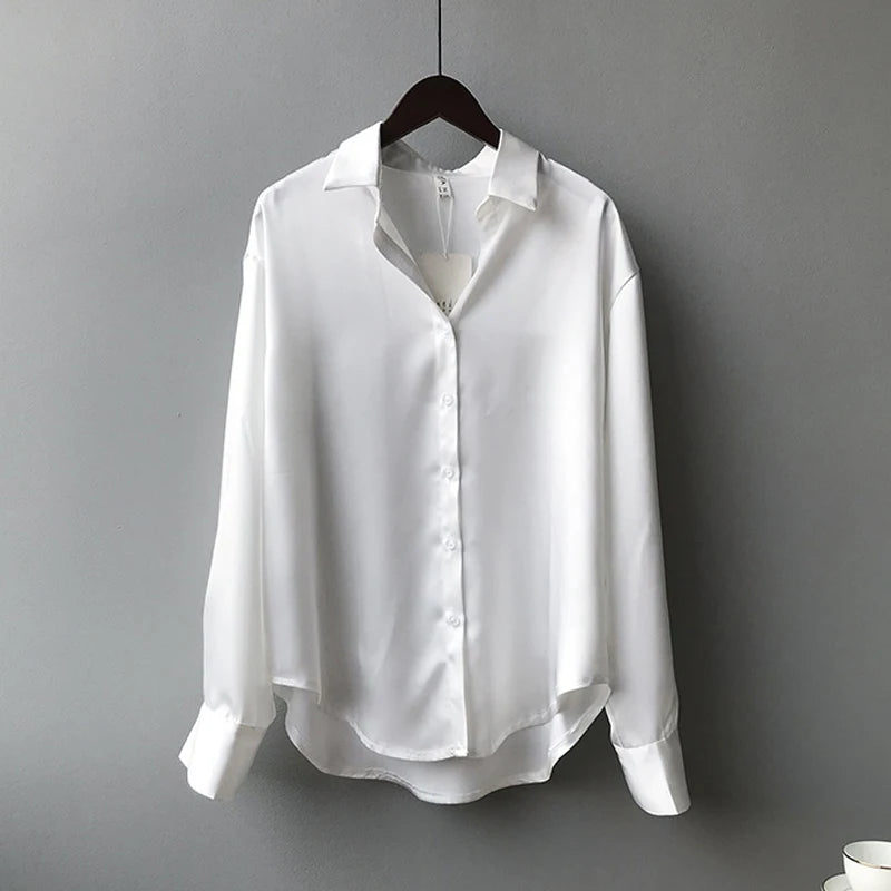 Spring Satin Button-Up Blouse for Women