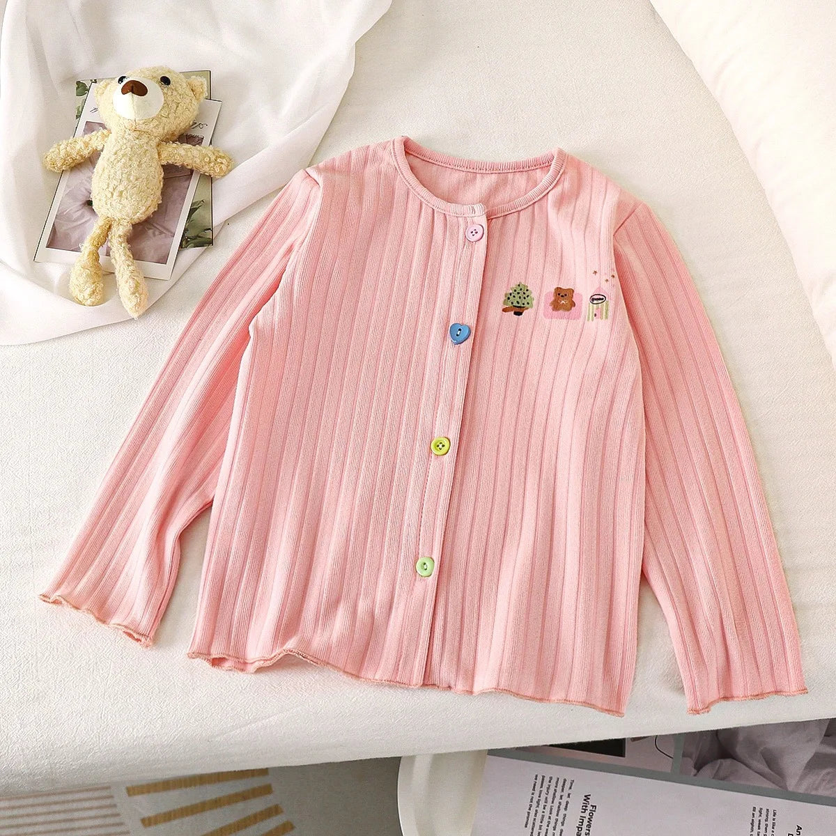 Girls' Base Shirt Long Sleeved Soft Cardigan Children's Cartoon Solid Color Color Color Buckle Jacket Baby Children's Clothing