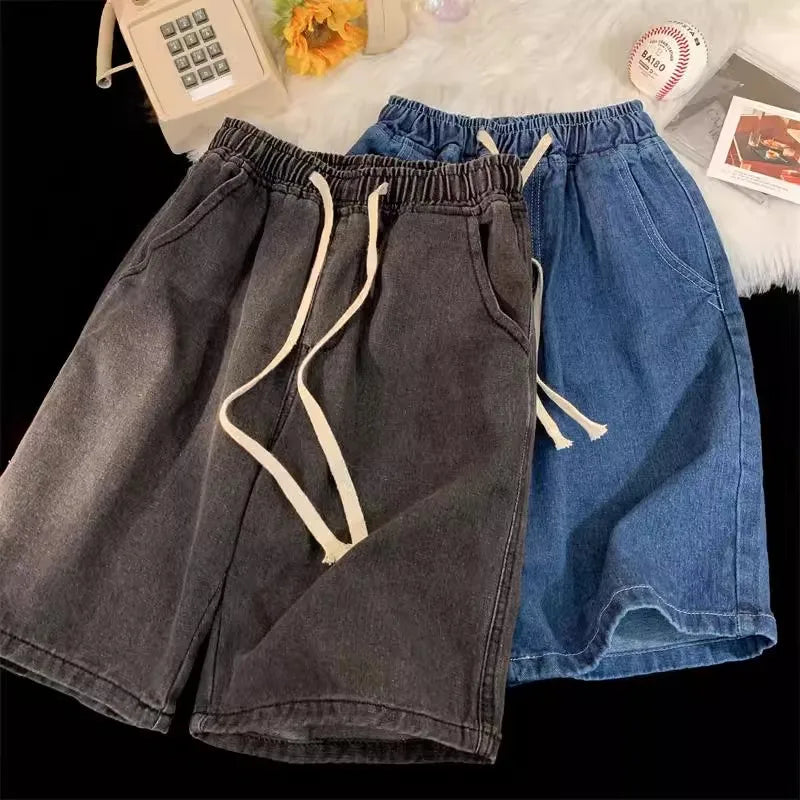 2025 New Korean Style Vintage Men's Jeans Summer Loose Male Wide Leg Knee Length Shorts New Washed Fashion Short Denim Pants