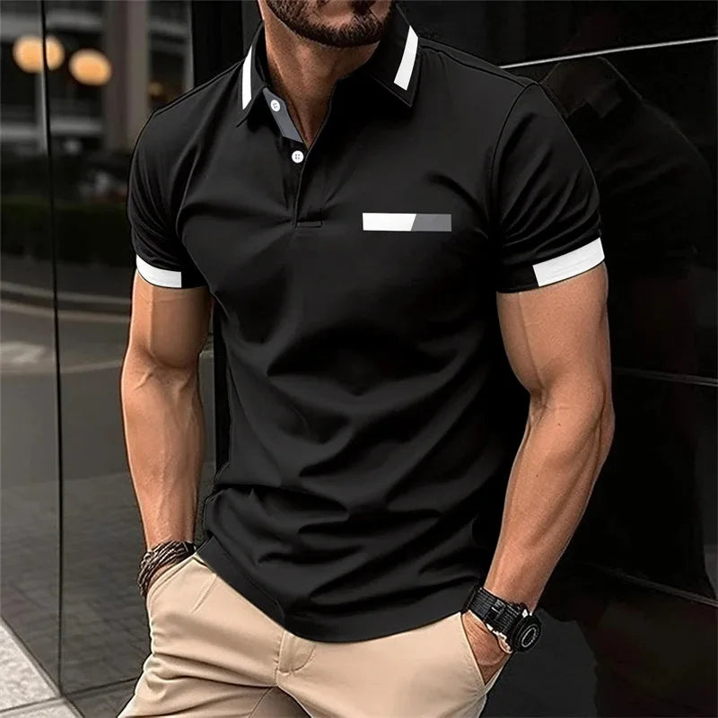 Men's fitness casual sports T-shirt, gym running sports elastic short-sleeved Polo shirt, lapel top, men's tight T-shirt