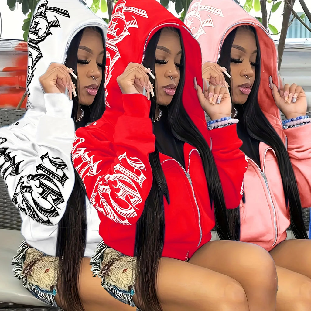 Women’s Letter Print Zip Hoodie