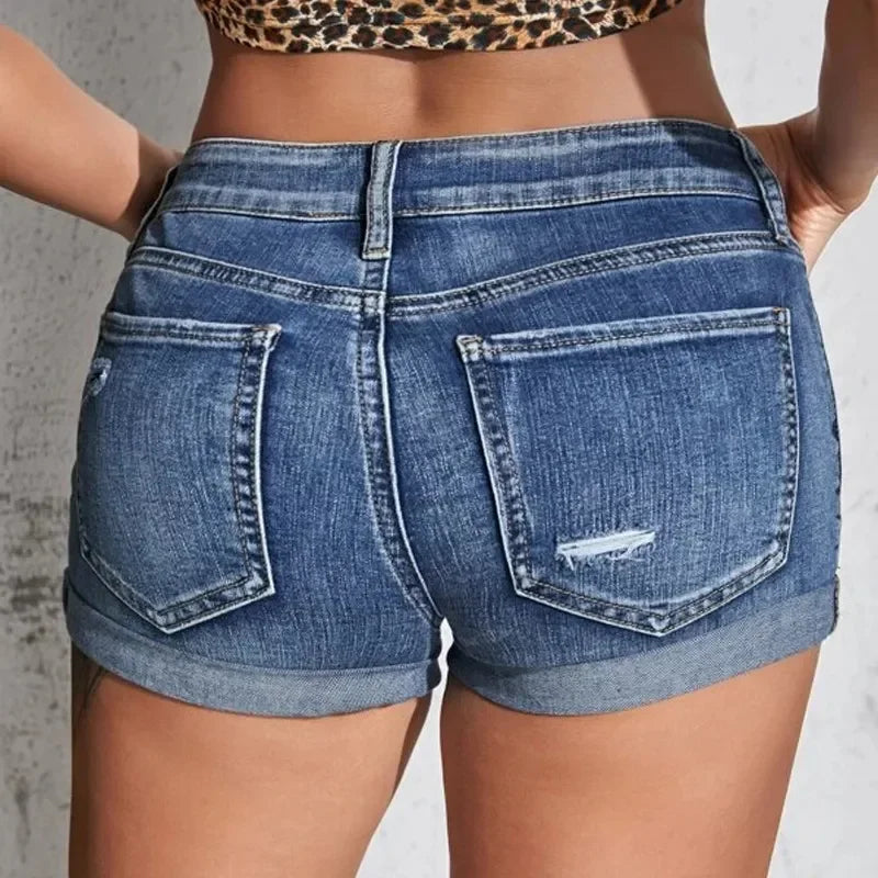 Women's Split Denim Shorts Summer Beach Wild Fashion Sexy Mid Waist Curled Cuff Perforated Elastic Slim Fit Casual Shorts
