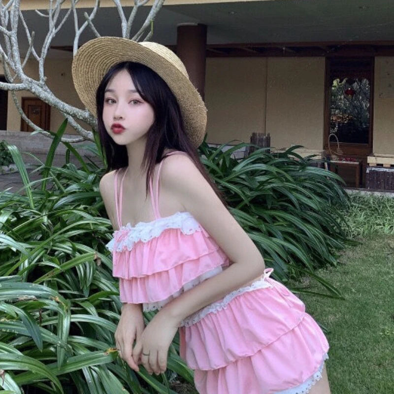 Bikini Sets Women Kawaii Girlish Design Tender Teens Slim Chic Beach Simple Feminino Daily Ruffles Japan Style Cool Sexy