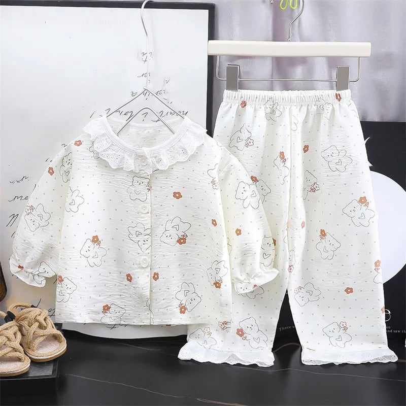 Girls Kids Home Clothes Set New Loose Thin Baby Pajamas Fashion Lace Floral Princess Children Air Conditioner Long Sleeve+Pants