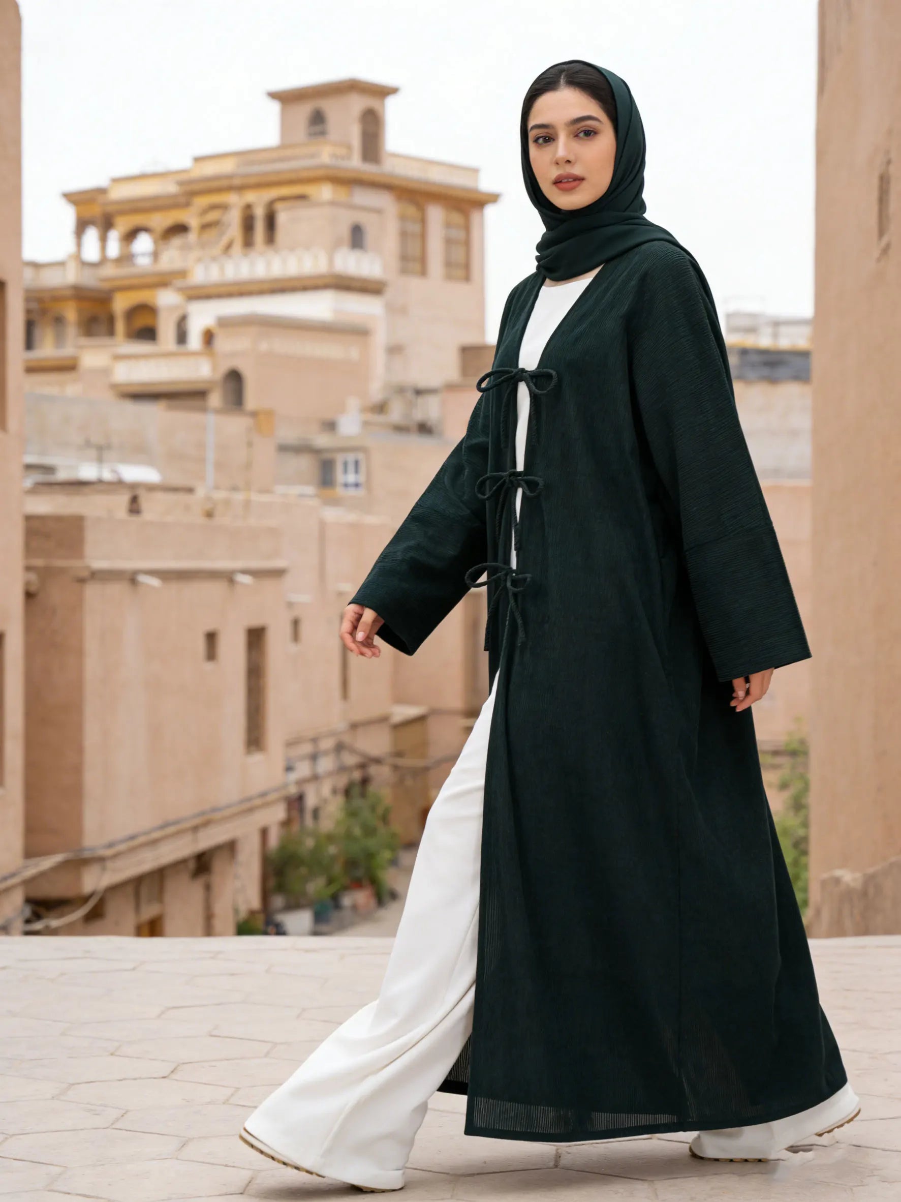 Hot sell Elegant Belted Corduroy Dark Green Abaya Cardigan Women Muslim Modest Outerwear Ramadan Abaya Islam Dubai Arabic Tops