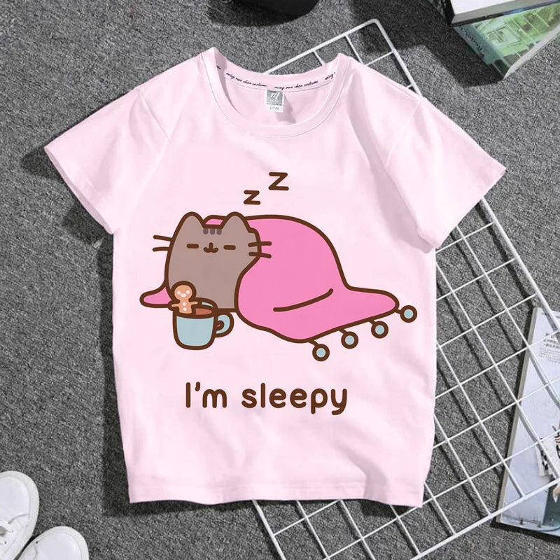 Summer Boys and Girls Children's T-shirt Cute Cat Cat Novel Cartoon Print Primary School Short Sleeve Parent-child Clothing