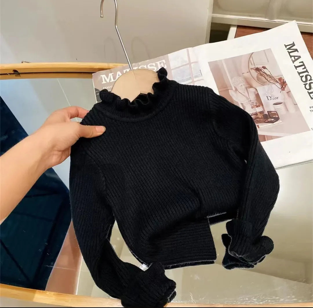Girls Sweater Winter Fashion High Neck Solid Color Bottom Shirt Children High Elasticity Irregular Collar Knit Pullover