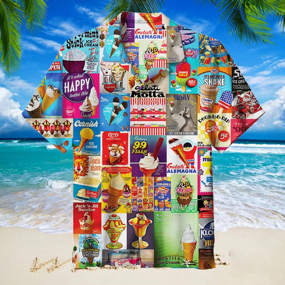 2024 Trendy Cool Fashion Ice Cream Shirts Beach Party 3d Print Hawaiian Shirt unisex Short Sleeve Oversized Blouse Lapel Shirts