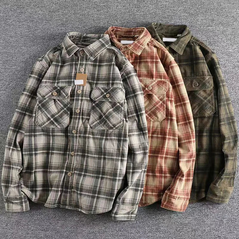 Japanese Vintage Men's Plaid Long Sleeve Shirt Spring Autumn Fashion Comfortable Corduroy Artistic Trendy Classic Shirts Tops