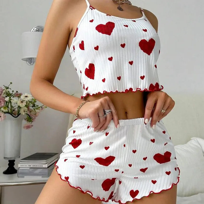 2 Pieces Set Women'S Pajama Shorts Suit home wear Print Underwear Pajama Sexy Lingerie
