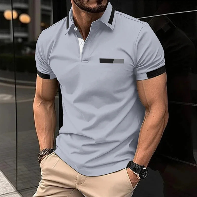 Men's fitness casual sports T-shirt, gym running sports elastic short-sleeved Polo shirt, lapel top, men's tight T-shirt