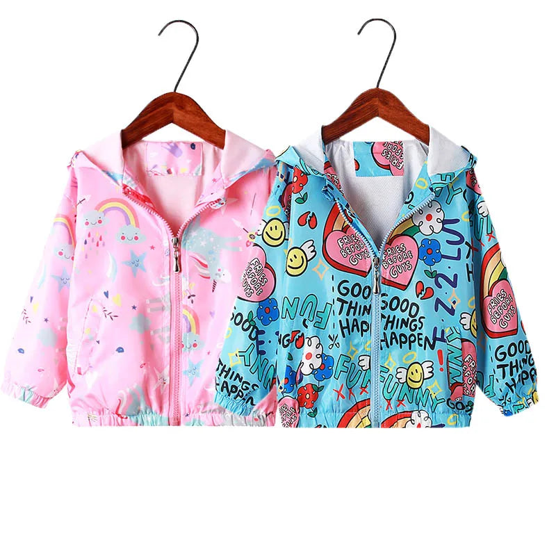 Children Jacket 2 3 4 5 6 7 8 9Y Girl Clothes Spring Cotton Kids Graffiti Hoodie Ziper Toddler Girls Windbreaker Coat Autumn Top