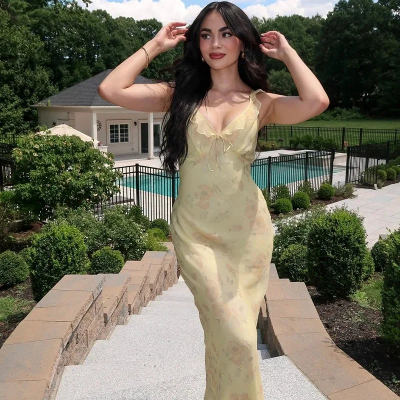 Cryptographic Summer Floral Print Plunge Maxi Dress