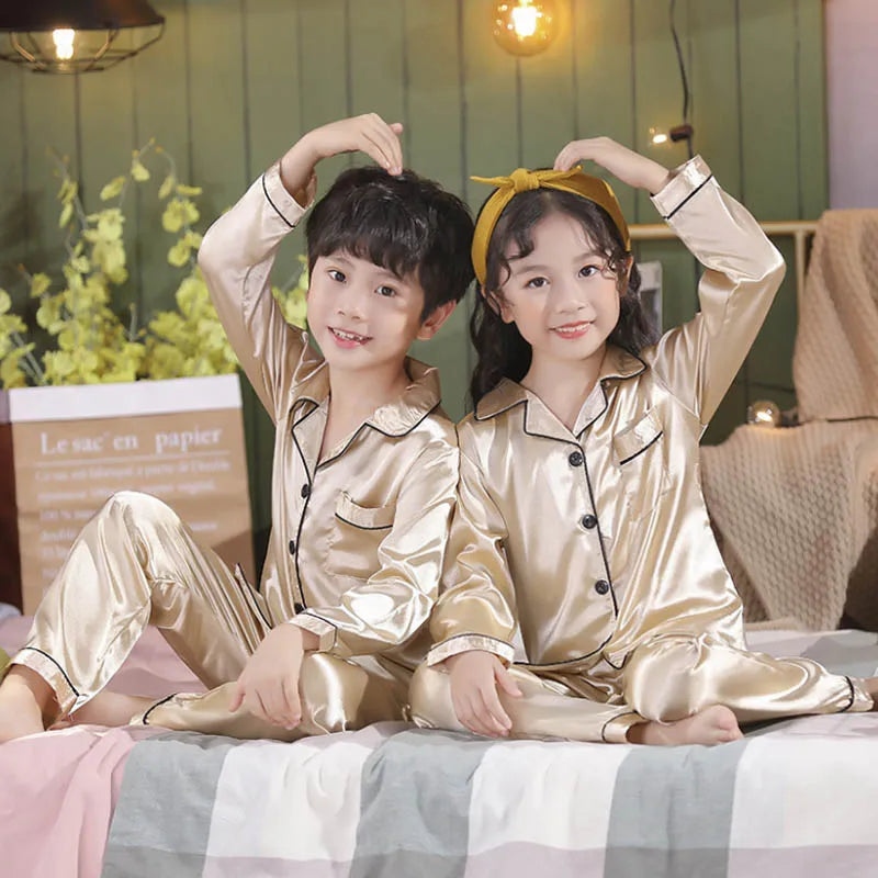 Satin Silk Pajama Set for Kids Boys Girl Long SLeeved Pijamas Children Silky Loungewear Teen Girl Pjs 2 to 4 6 8 10 12 14 Years