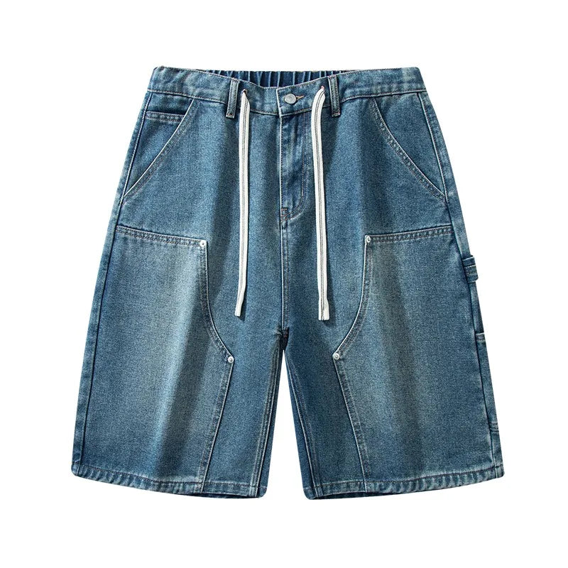 Fashion Streetwear Men's Denim Shorts Summer Loose Vintage Harajuku Splicing Hip-hop Cargo Moto Short Jeans Black Blue