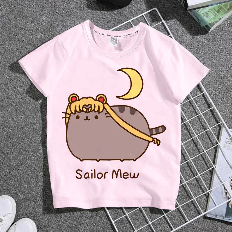 Summer Boys and Girls Children's T-shirt Cute Cat Cat Novel Cartoon Print Primary School Short Sleeve Parent-child Clothing