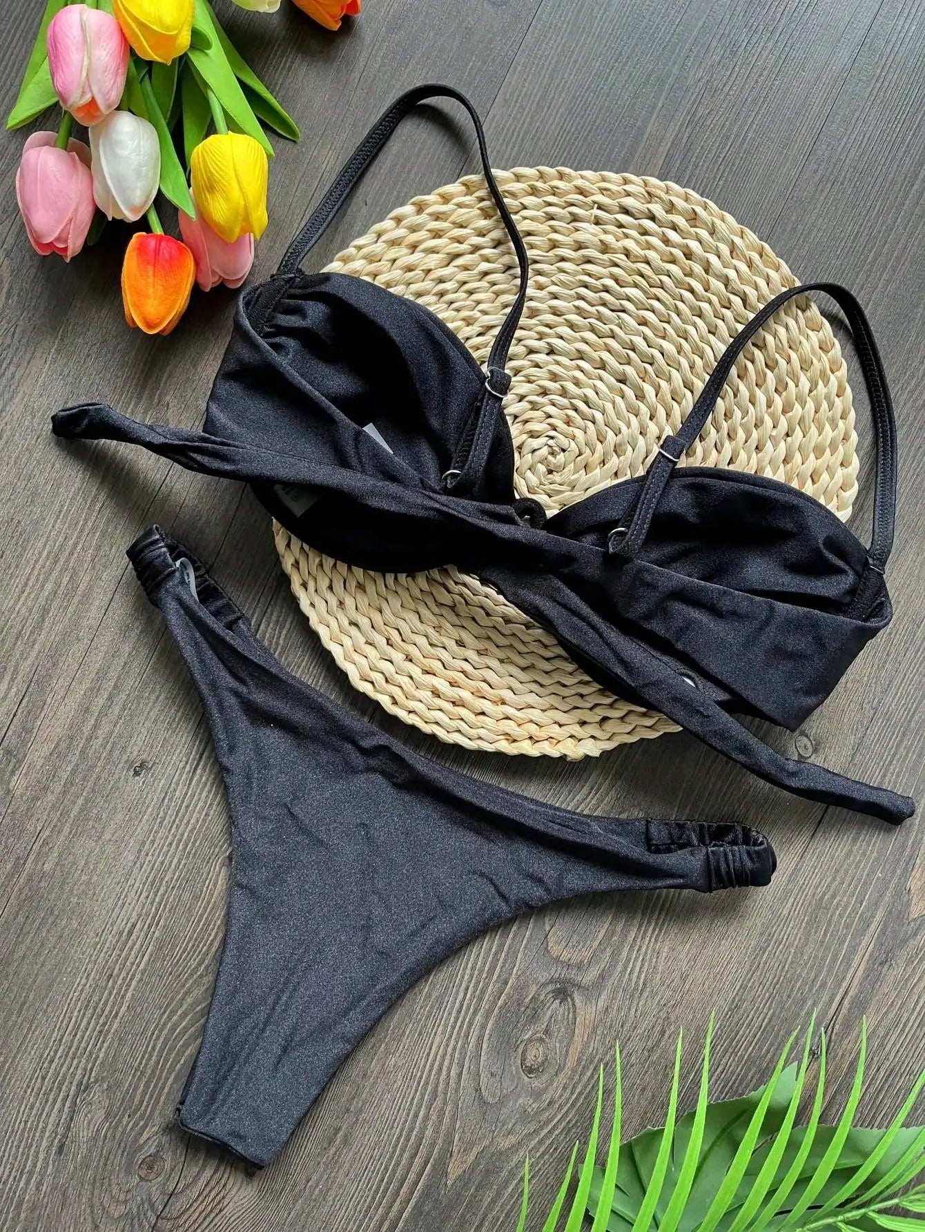Sexy 3D Flower Bikini Set 2025 Women Black White V Wire Underwired Micro Mini Swimsuit Beach Bathing Suit Pleate Thong Swimwear