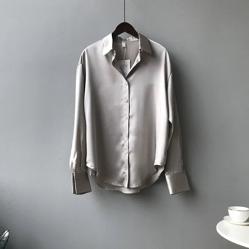 Spring Satin Button-Up Blouse for Women
