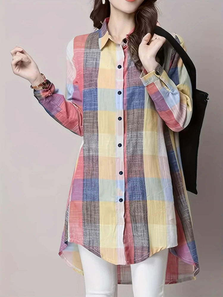 Plus Size Women's Blouses 2025 New Loose Vintage Stripe Plaid Shirt Lightweight Long Sleeve Travel Wear Elegant Top Korean Style