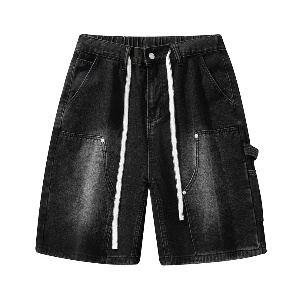 Fashion Streetwear Men's Denim Shorts Summer Loose Vintage Harajuku Splicing Hip-hop Cargo Moto Short Jeans Black Blue