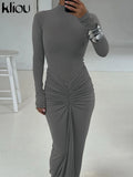 kliou Shirring Women Classic Maxi Dress Autumn New Solid Long Sleeve High Collar Body-shaping Vestidos Mujer Concise Trend Robe