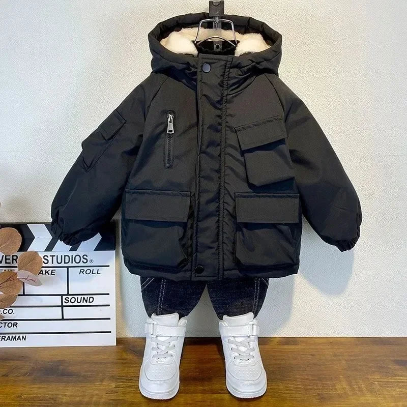 Kids Black Hooded Down Jacket (3–8Y)