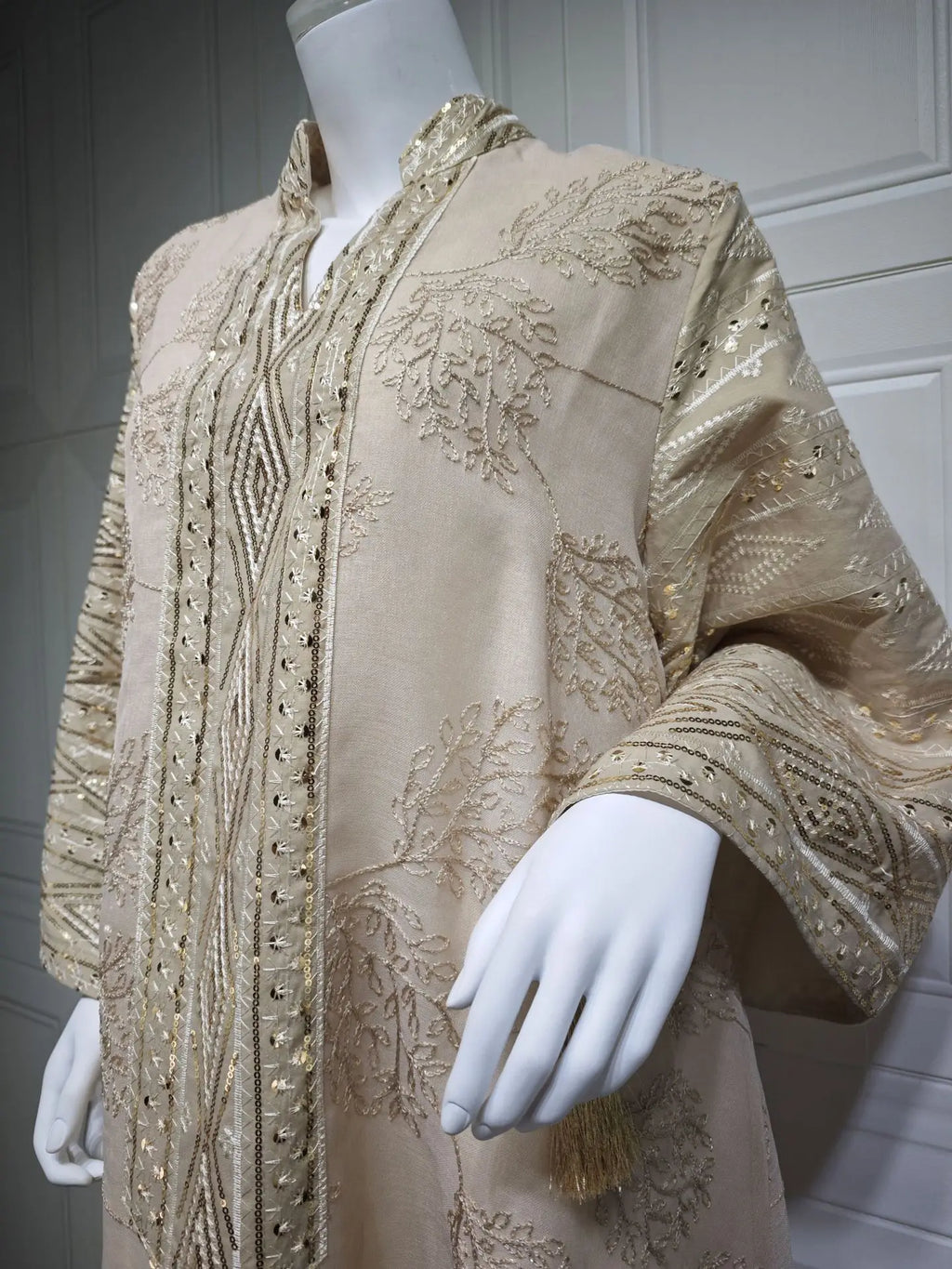 Elegant Beige Abaya for Islamic Ladies Intricate Gold Embroidery idea for Festivities and Religious Ceremonies in Middle East