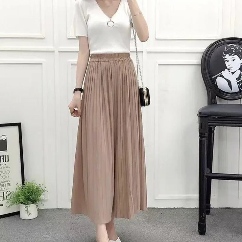 Summer New Women's Pants Korean Fashion Solid Elastic Waist Pleated Loose Skirt Pants Plus Size Casual Wide-leg Cropped Pants