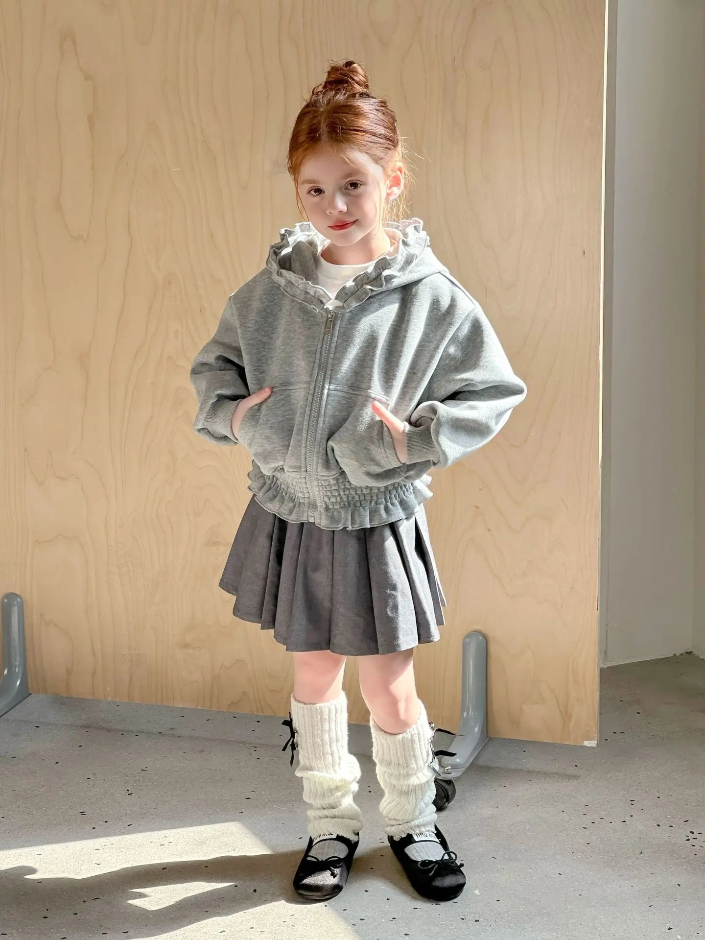 Girls Black Fungus Edge Hooded Knitted Jacket 2025 Spring Autumn New Girls Long Sleeve Zipper Short Coat Casual Versatile