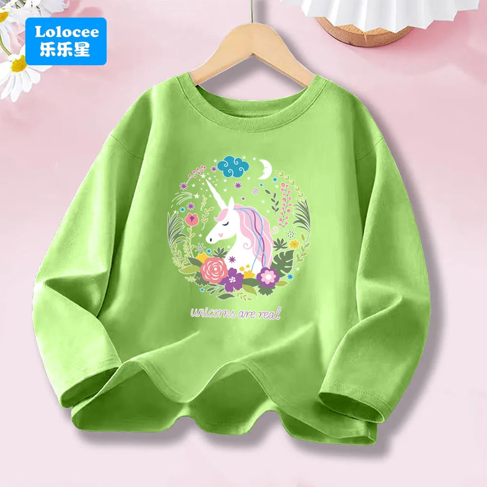 Girls Spring Autumn 8 colors Long Sleeve T-shirt Kids Floral Unicorn Graphic Tops Tee For Kids 3-14years DJSHH1