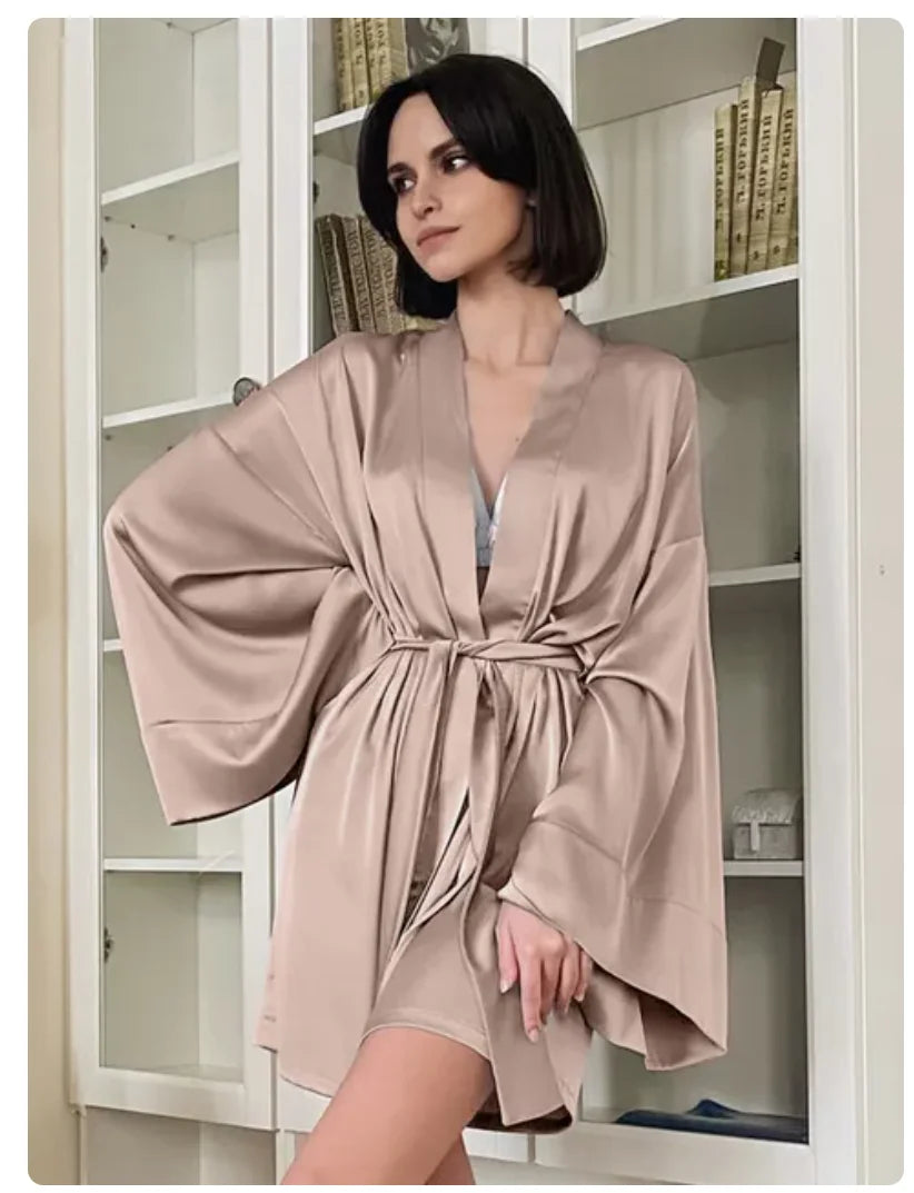 Sexy Women's Dressing Gown Flare Sleeve Bathrobe Female Black Loose Robes Women V-Neck Women's Nightwear With Sashes 2022
