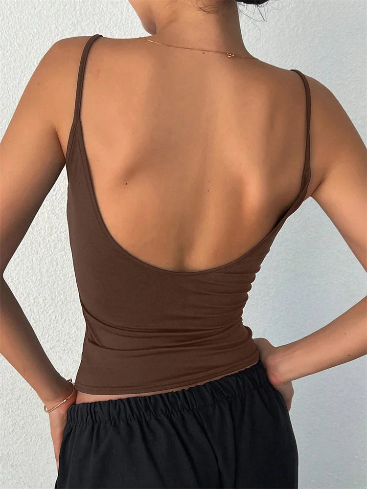 Women Backless Cami Crop Top Summer Solid Color Casual Sleeveless Top Streetwear Y2K Clothes