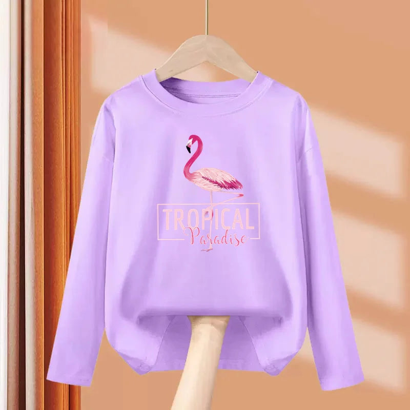 2024 New Flamingo Long Sleeved T-shirt Little Girls in Autumn Round Neck Cotton Tops Children Fashion Tees 3-14 Age