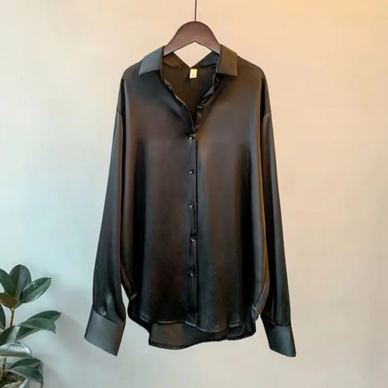 Spring Satin Button-Up Blouse for Women