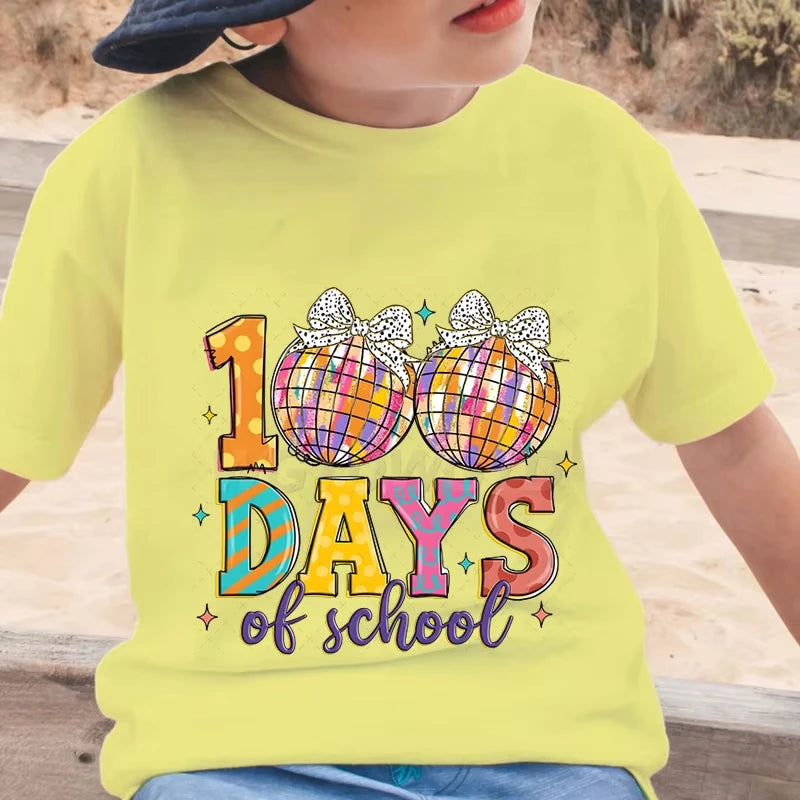New Girls T Shirt Glitter 100 Days Shirt Children Clothes Girl Disco Ball 100 Days Of School Fashion T-Shirt Retro School Tee