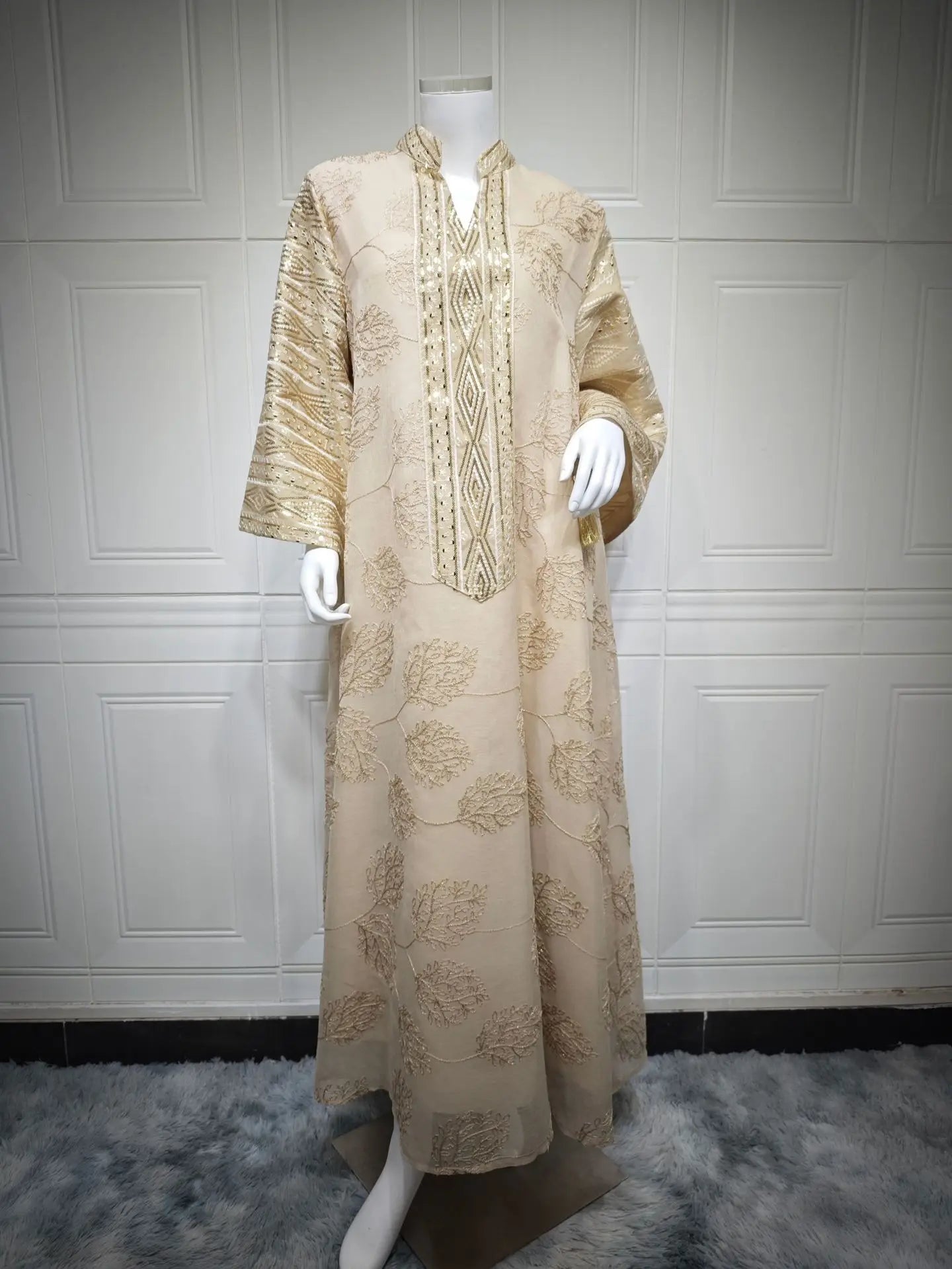 Elegant Beige Abaya for Islamic Ladies Intricate Gold Embroidery idea for Festivities and Religious Ceremonies in Middle East