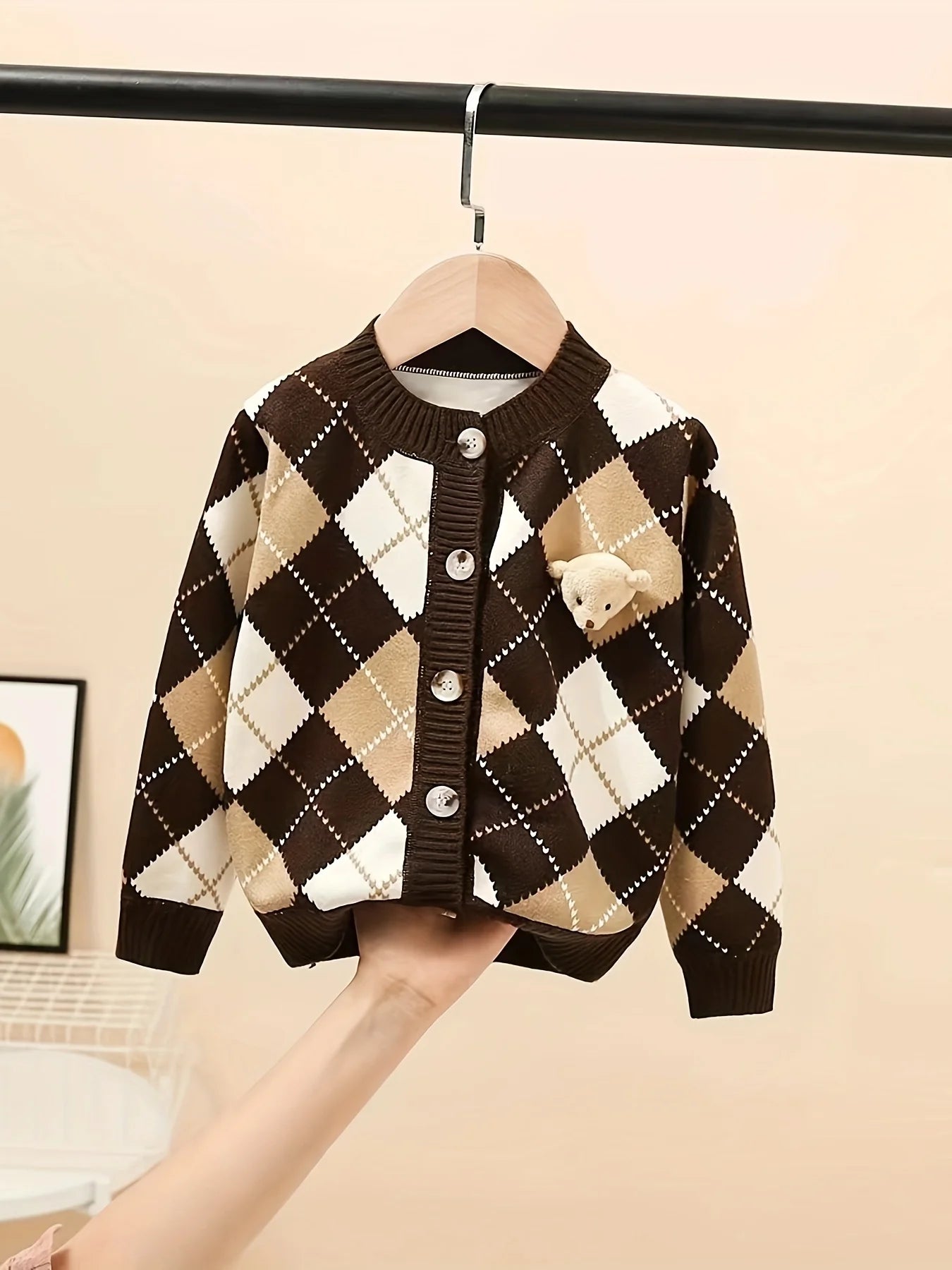 Girls Retro College Style Rhombus Knitted Sweater Cardigan Bear Horse Autumn New Style