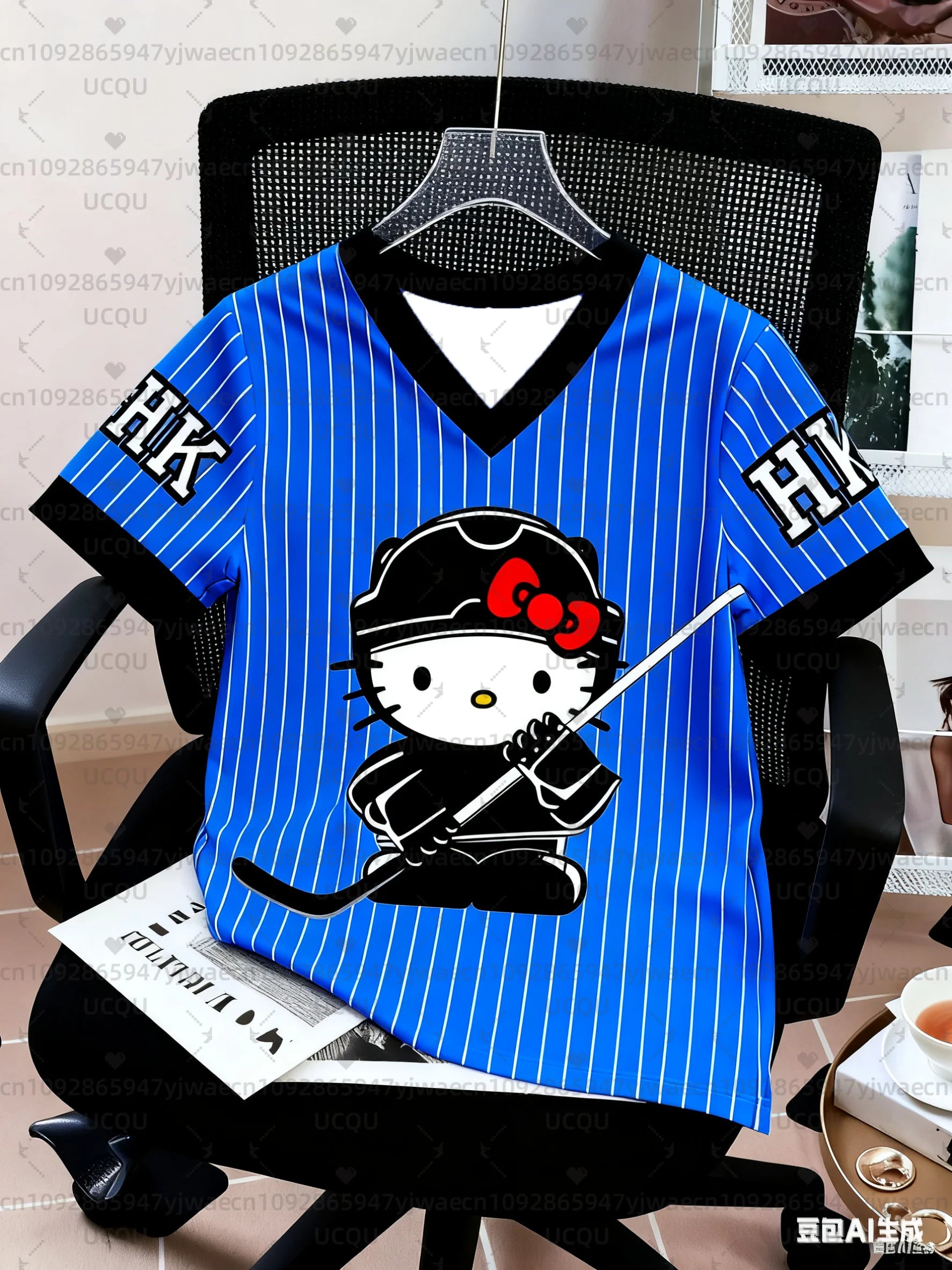 Kids Fashion Women's Boy Girls' Hello Kitty Ice Hockey T-shirt Pink V-Neck Top Graphic Plus Size Short Sleeve Men's T-shirt