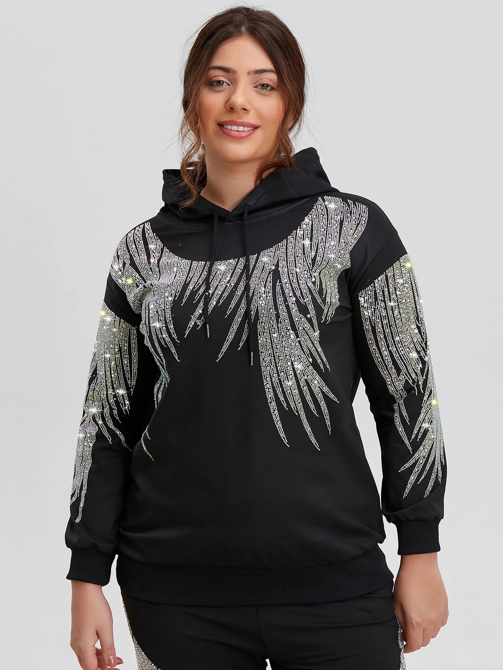 Plus Size Rhinestone Hoodie Long Sleeve Pullover Sweatshirt with Comfortable Design Y2K Fashion Inspired Graphic Hooded Top