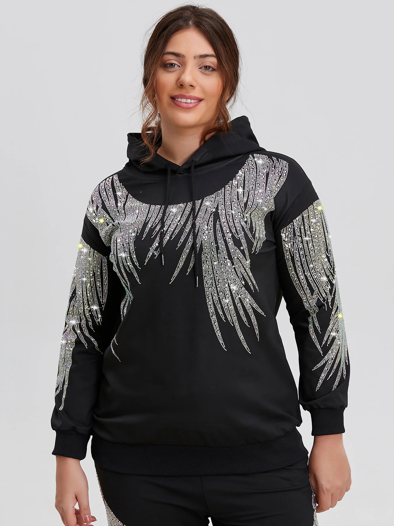 Plus Size Rhinestone Hoodie Long Sleeve Pullover Sweatshirt with Comfortable Design Y2K Fashion Inspired Graphic Hooded Top
