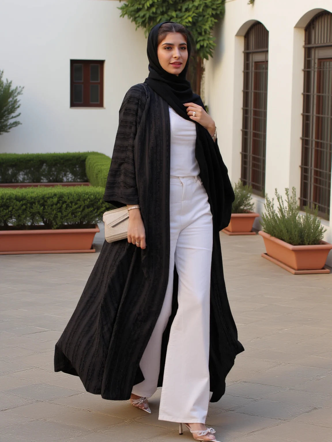 2025 Dubai Muslim Open Black Abaya Striped Retro Ethnic Cardigan Robe Dubai Middle Eastern Saudi Arabia Eid Clothes Black