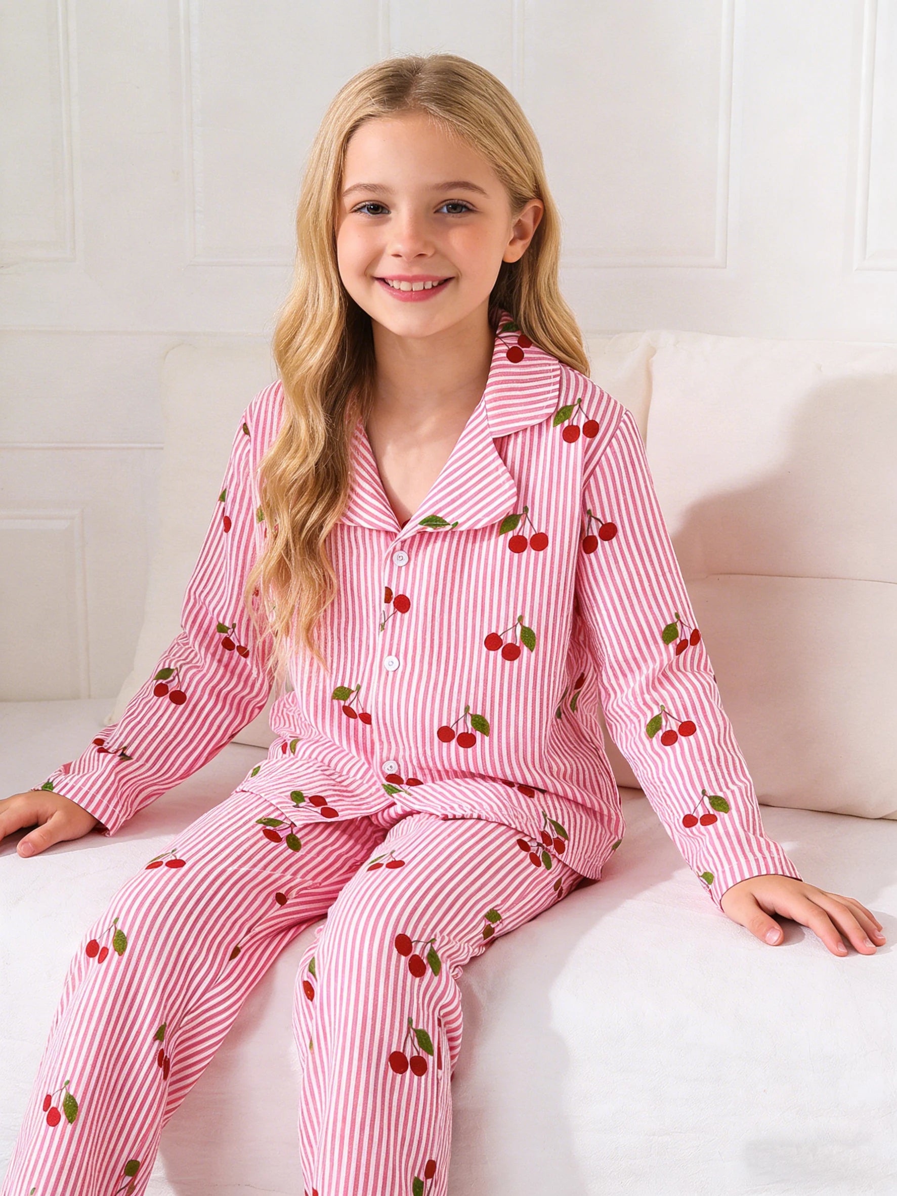 Girls' sleepwear and pants set for spring and autumn, girls' cherry top and pants for home wear, suitable for home wear