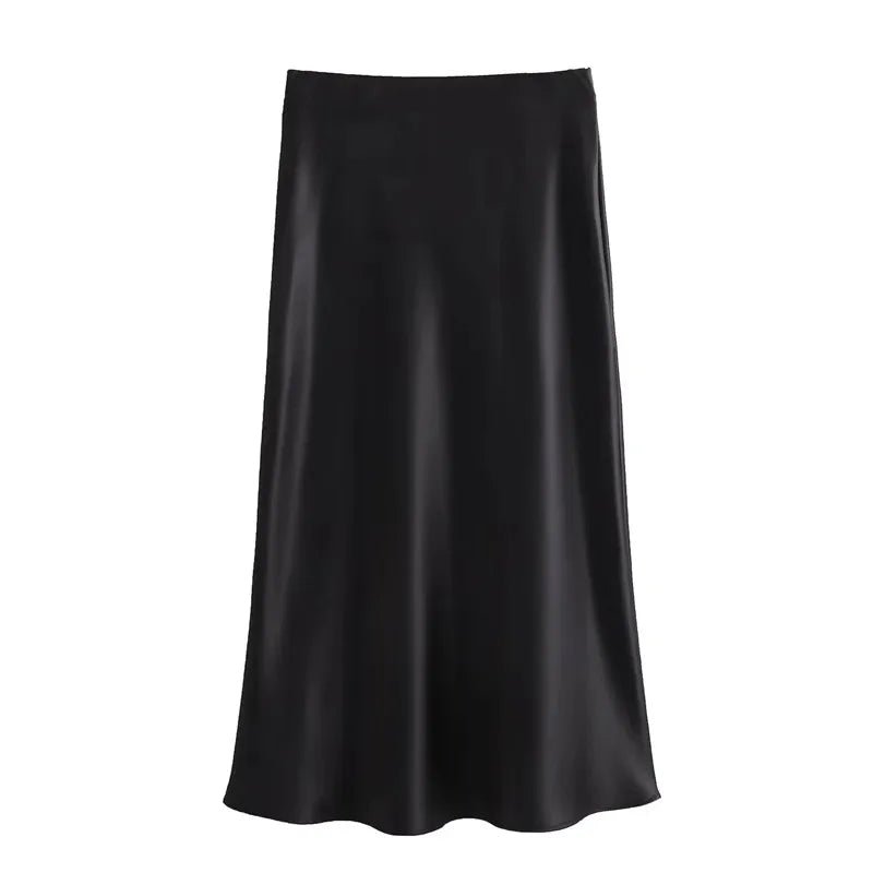 High-Waist Black Satin Midi Skirt