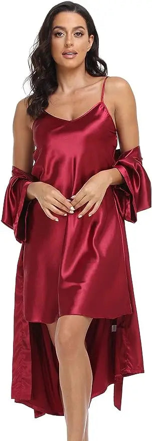Women's Silk Satin Pajamas 2Pcs Sexy Silky Pj Robe Set with Chemise Nightgown