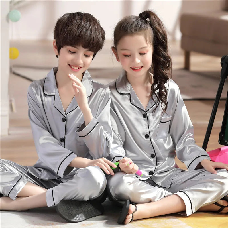 Satin Silk Pajama Set for Kids Boys Girl Long SLeeved Pijamas Children Silky Loungewear Teen Girl Pjs 2 to 4 6 8 10 12 14 Years