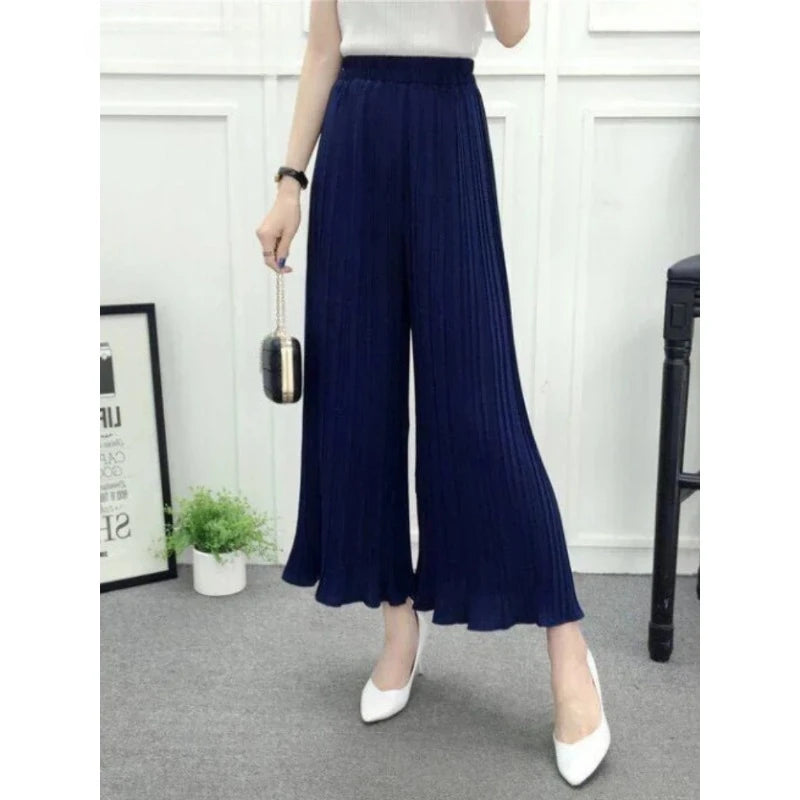 Summer New Women's Pants Korean Fashion Solid Elastic Waist Pleated Loose Skirt Pants Plus Size Casual Wide-leg Cropped Pants