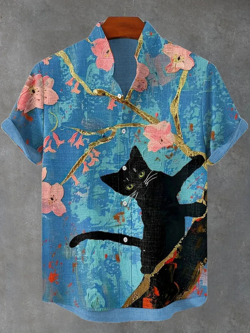 Men's Cat Graphics Shirts Short Sleeved Button Down Lapel Shirt For Summer Oversized Tops Vacation Casual Hawaiian Shirts