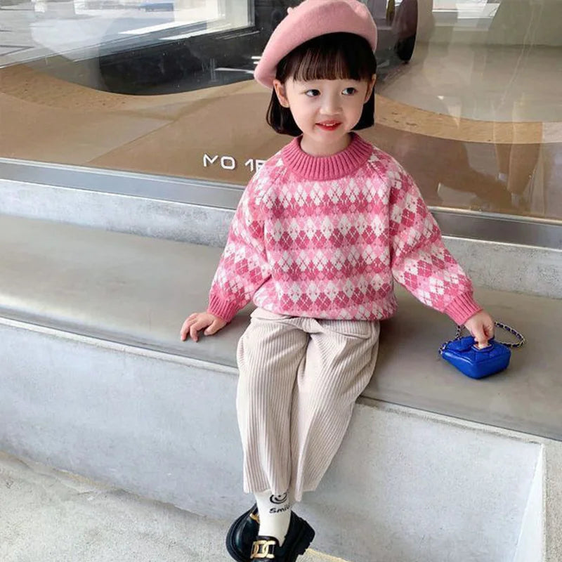 Girls' Sweater Thickened Autumn/Winter New Fashionable Versatile Children's Knitted Sweater Girls' Top Sweet and Cute