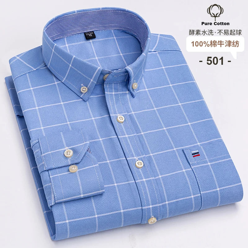 100% Cotton Oxford Men's Shirts Long Sleeves Plaid Soft Regular Fit Formal Dress Shirt Pocket Social Blouse Male Clothes S-7XL